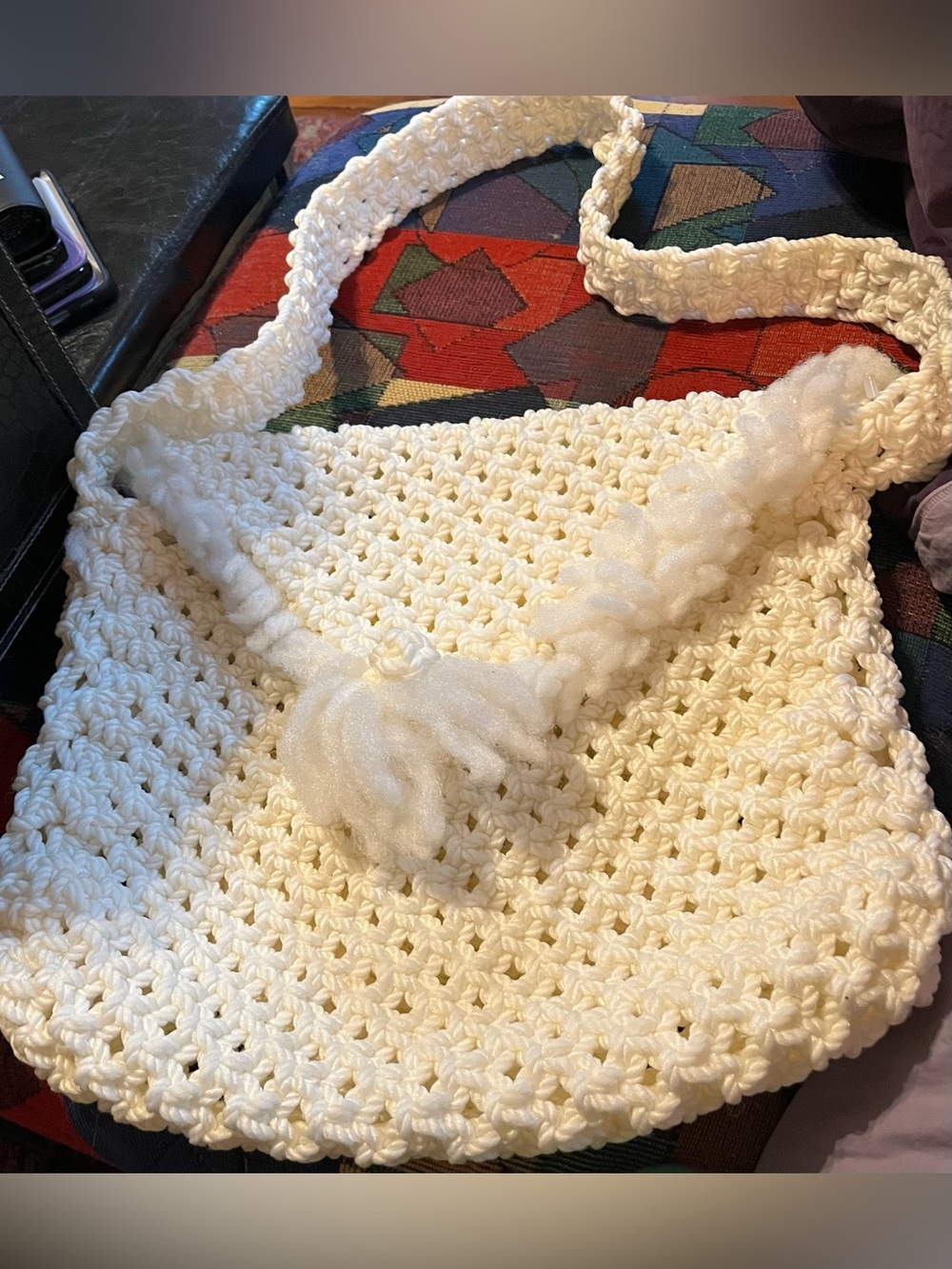 Vintage Handmade Cream Macrame Shoulder Bag with Pom Pom Accent